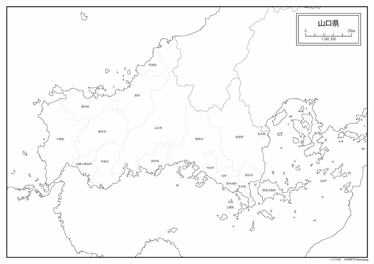 山口県の市町村境界を示す白地図。阿東や萩、防府、下関などの地域を含む。