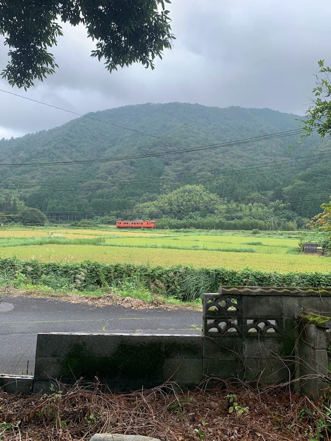 古民家から眺める田んぼと山の風景、赤い列車が走る様子