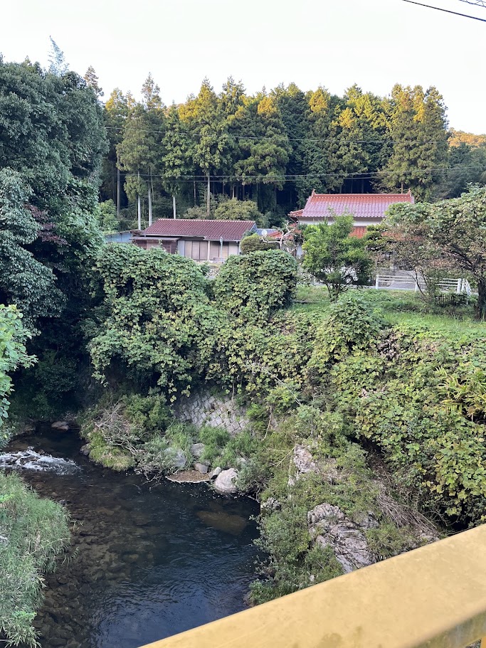 川越しに見える、木々に囲まれた赤瓦屋根の古民家と集落の風景。