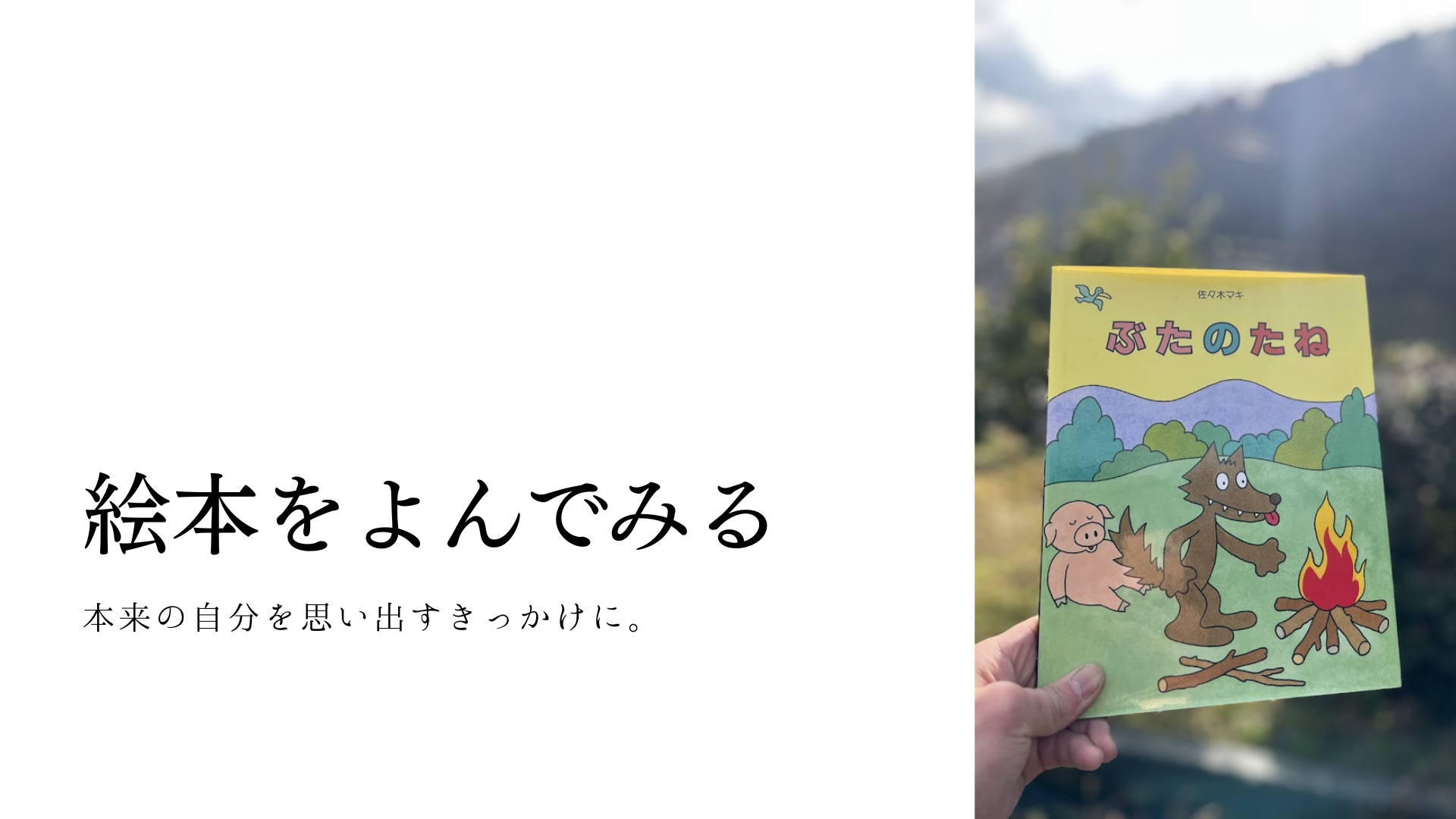 屋外で大人が絵本を手に持つ様子。本来の自分を思い出す時間を表現した写真