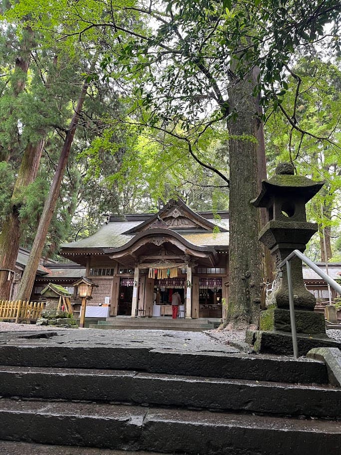 高千穂神社の拝殿と森に囲まれた境内