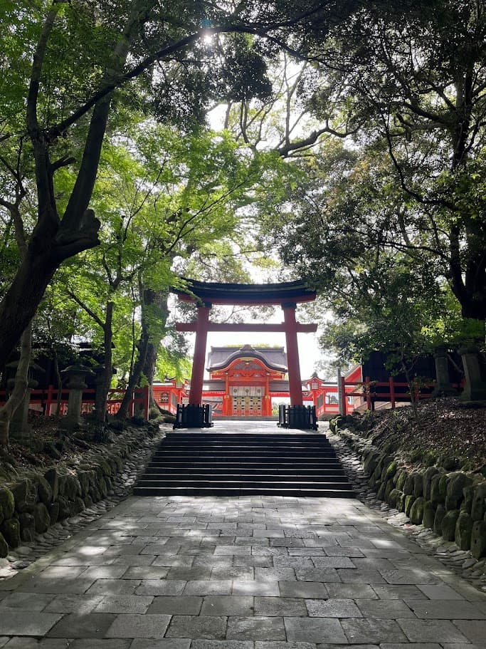 宇佐神宮の森に囲まれた参道と朱色の鳥居